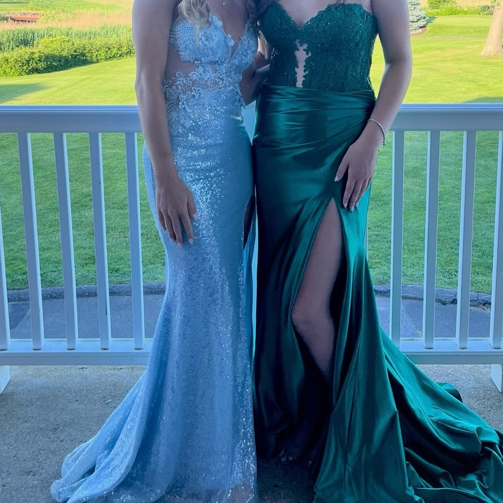 Jovani Elegant Blue Shimmering and Floral Prom Dress